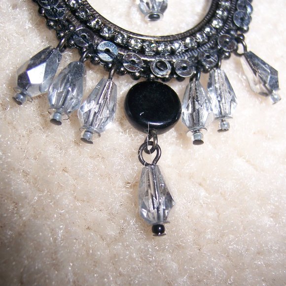 SATELLITE PARIS BLACK/ SILVER SEQUINS & CRYSTALS STATEMENT HOOP EARRINGS NEW - Picture 3 of 4